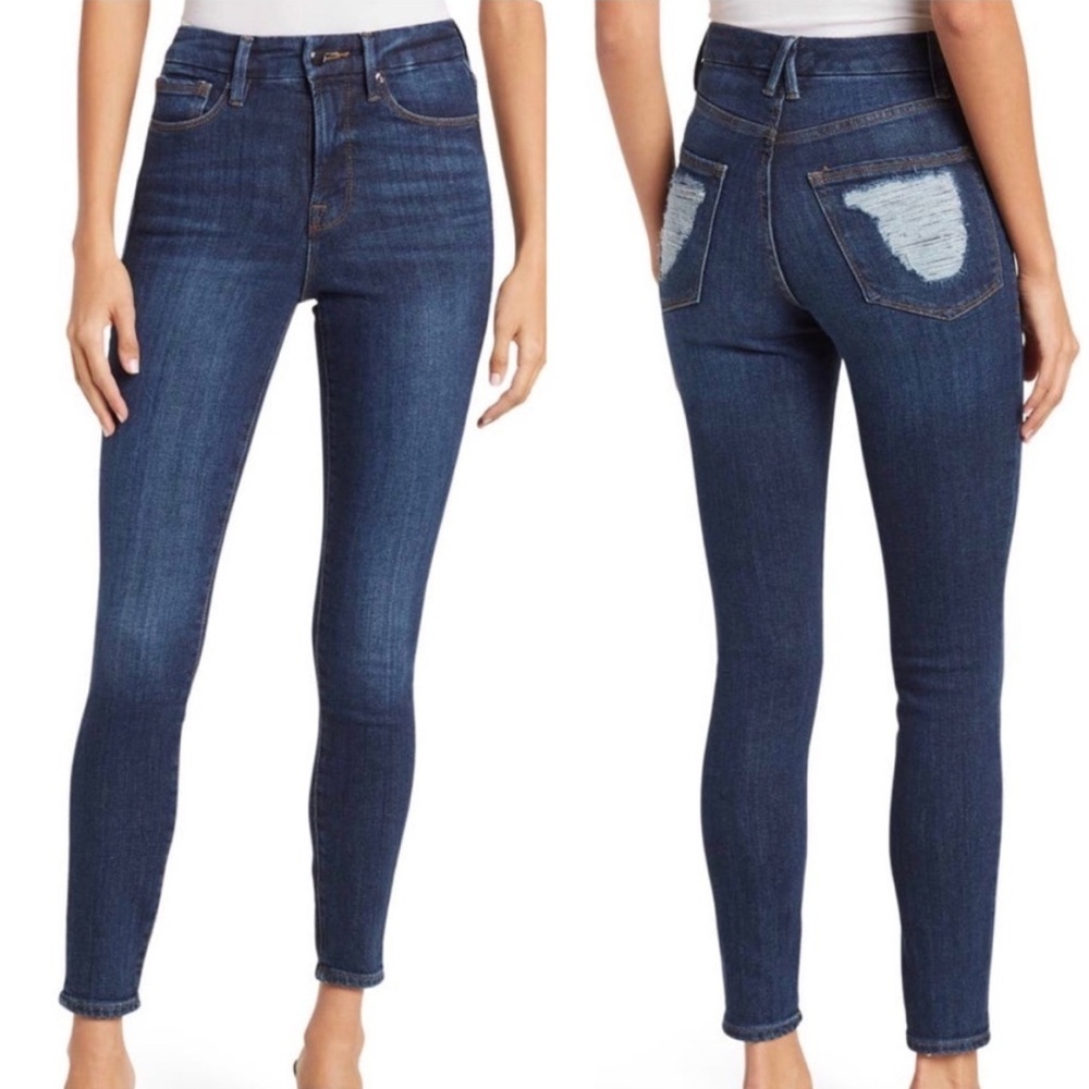 GOOD AMERICAN NWT GOOD WAIST CHEWED POCKET SKINNY JEANS DISTRESSED DARK BLUE